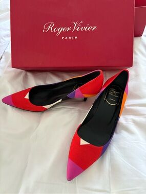 Roger Vivier Red Pink Purple Colorblock Pointed-Toe Kitten Heels